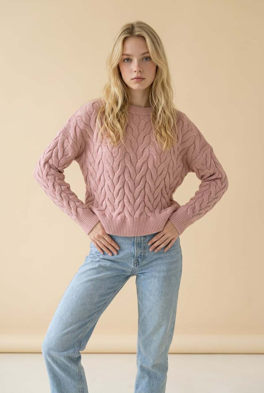Philosophy Republic Clothing Pink Cable Knit Crew Neck Pullover Sweater